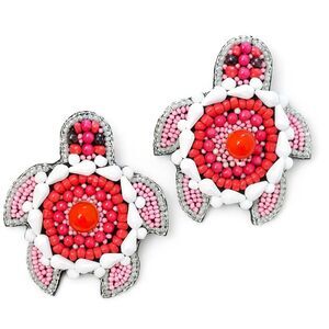 Handmade Seed Beaded Sea Turtle Stud Statement Earrings Artisan Boho Colorful